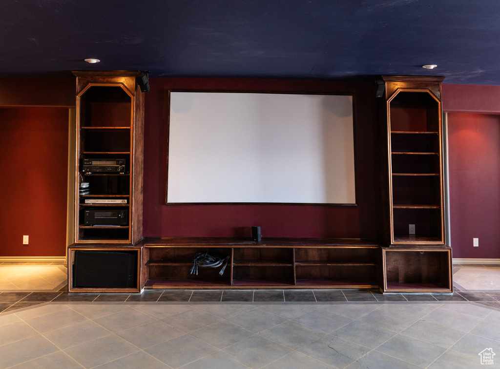 Cinema room with tile patterned floors, recessed lighting, and baseboards