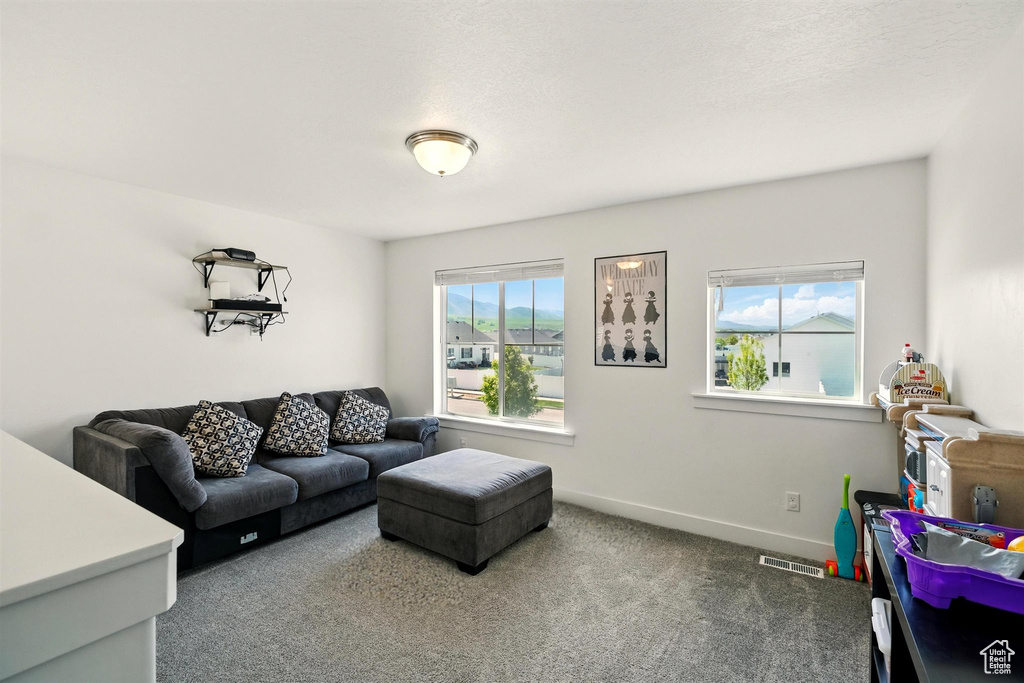 Carpeted living area featuring baseboards