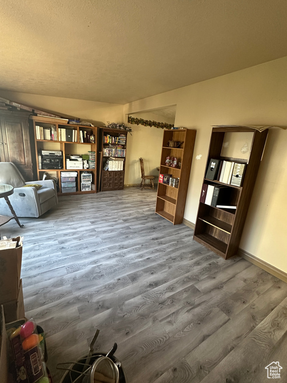 Living room with wood finished floors, baseboards, lofted ceiling, and a textured ceiling