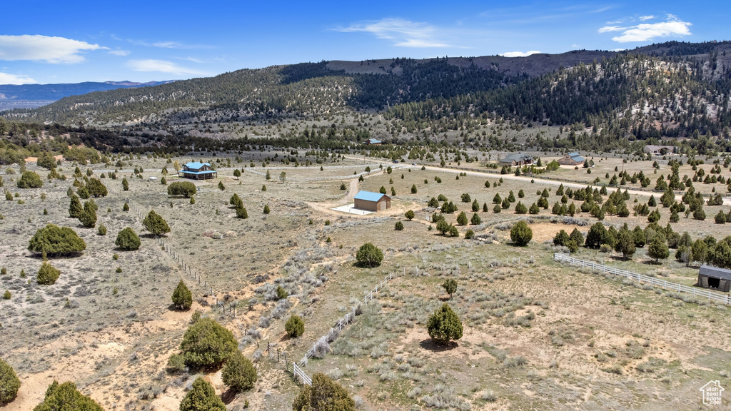 Overview of rural landscape featuring a mountain backdrop and a desert landscape