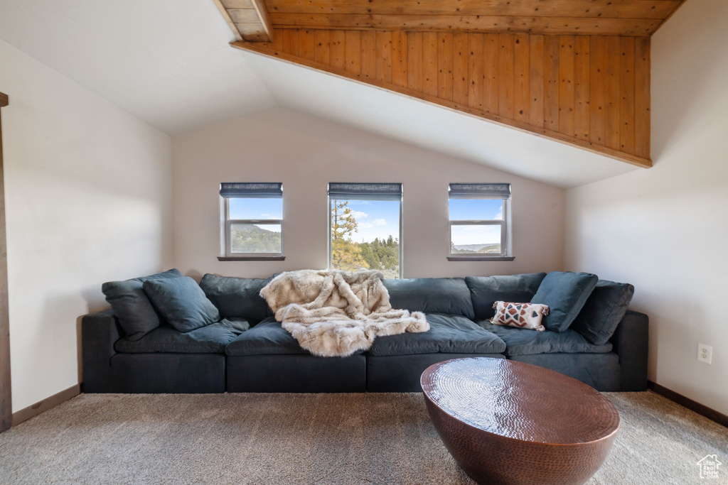Living area featuring lofted ceiling, carpet flooring, and baseboards