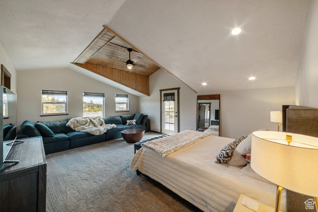 Carpeted bedroom featuring lofted ceiling, recessed lighting, and ceiling fan
