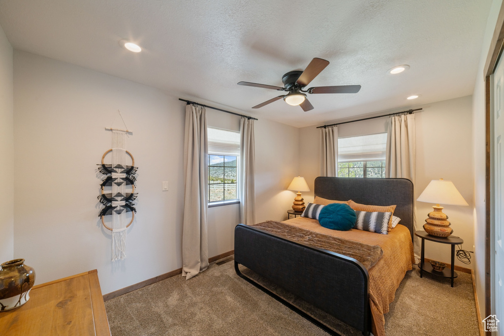 Bedroom featuring light colored carpet, multiple windows, baseboards, and recessed lighting