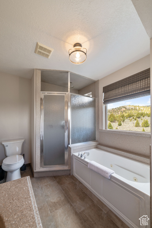 Bathroom featuring a whirlpool tub, a shower stall, toilet, and a textured ceiling