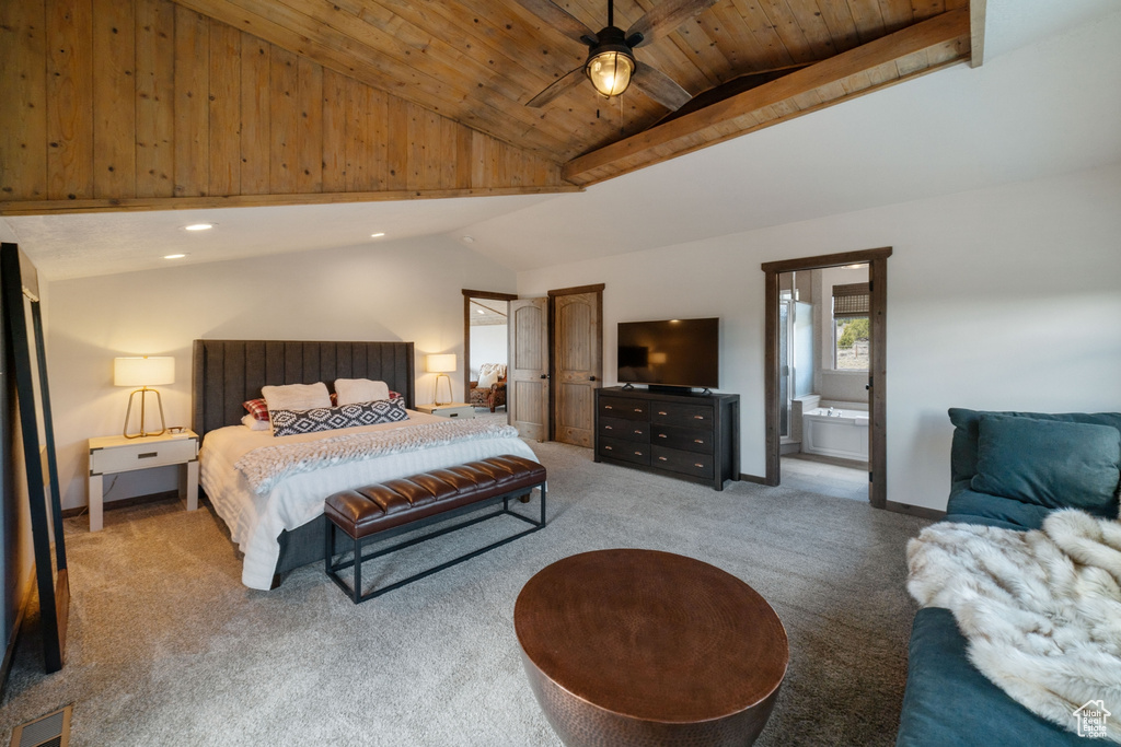 Bedroom featuring lofted ceiling, carpet flooring, wood ceiling, recessed lighting, and connected bathroom
