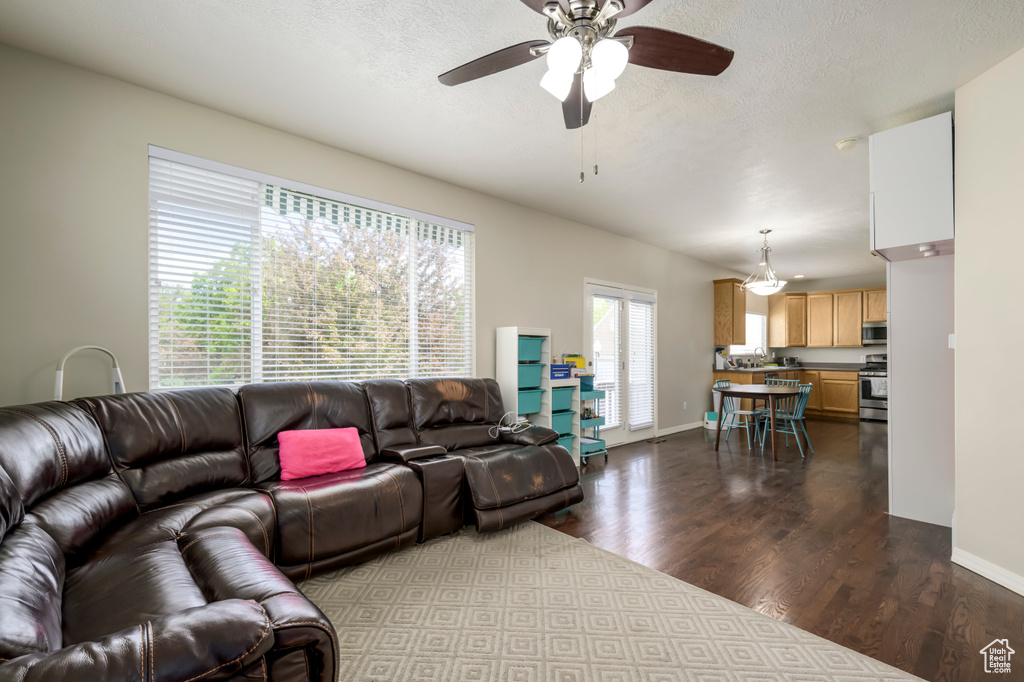 Living area featuring dark wood-type flooring, ceiling fan, baseboards, and a textured ceiling