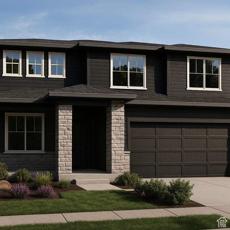 Prairie-style home with an attached garage, concrete driveway, roof with shingles, and stone siding