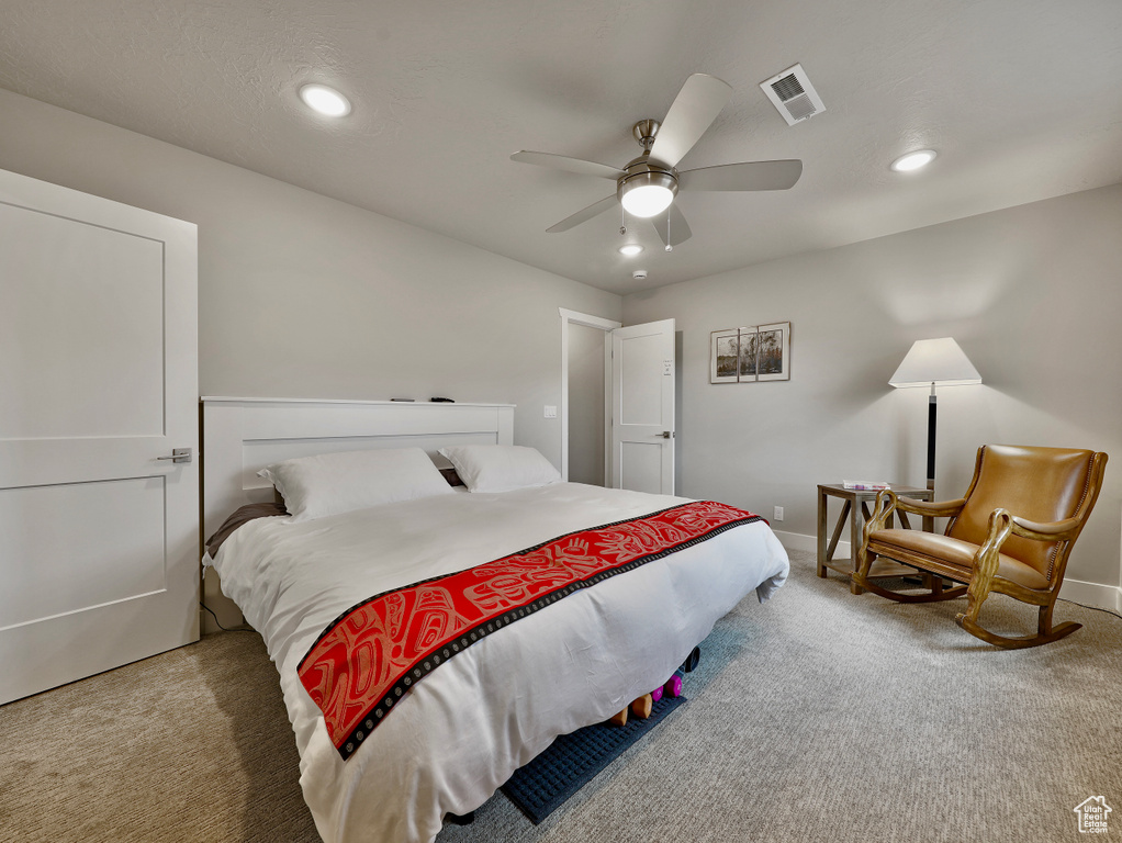 Bedroom featuring carpet flooring, recessed lighting, baseboards, and ceiling fan