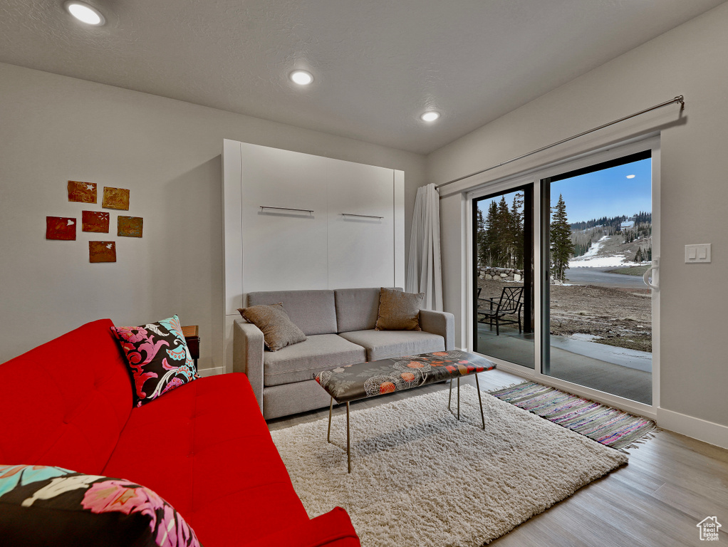 Living room with wood finished floors, baseboards, and recessed lighting