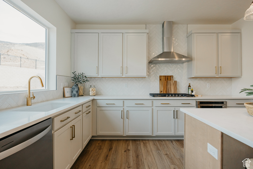 Kitchen with stainless steel appliances, wall chimney range hood, a sink, light countertops, and wood finished floors