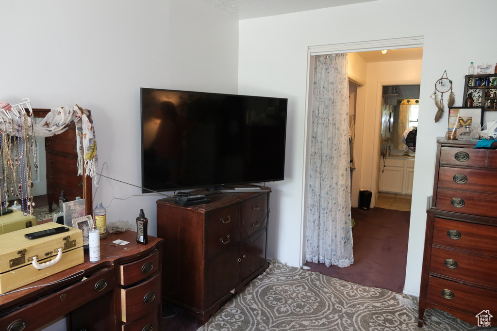 Bedroom featuring carpet floors and connected bathroom