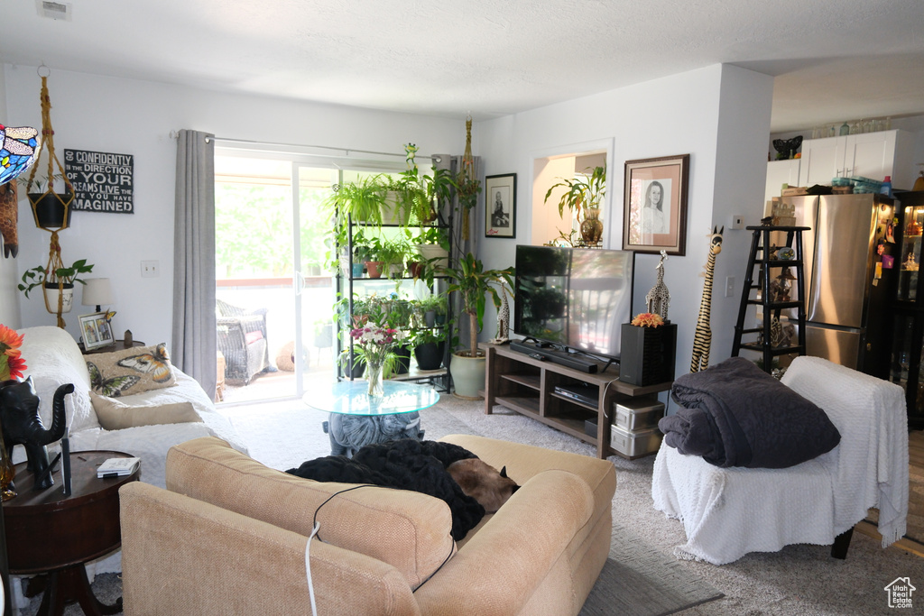 Living area featuring light carpet