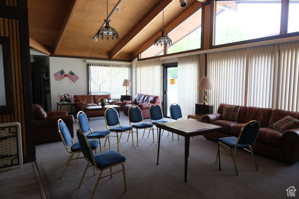 Living room with beam ceiling, wood ceiling, carpet, and high vaulted ceiling
