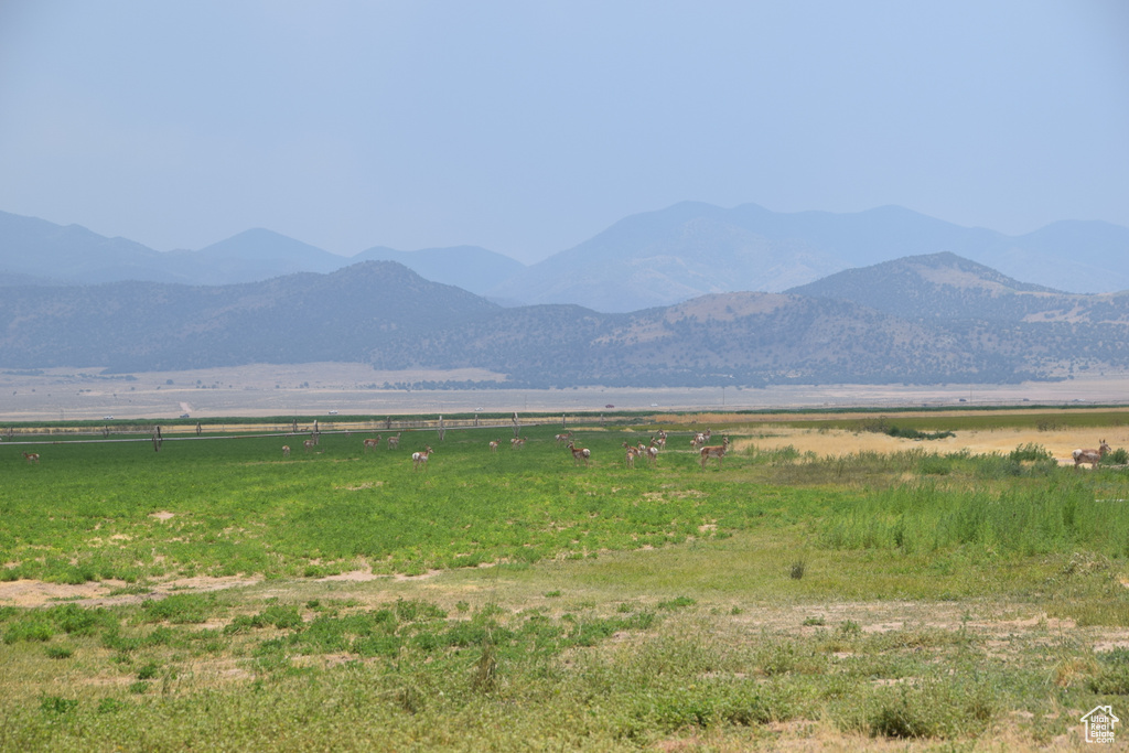 View of mountain backdrop with rural landscape