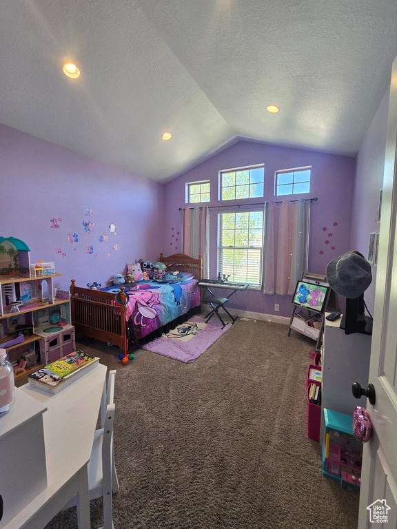 Carpeted bedroom with vaulted ceiling, a textured ceiling, and recessed lighting