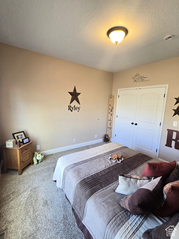 Bedroom featuring carpet, baseboards, a textured ceiling, and a closet