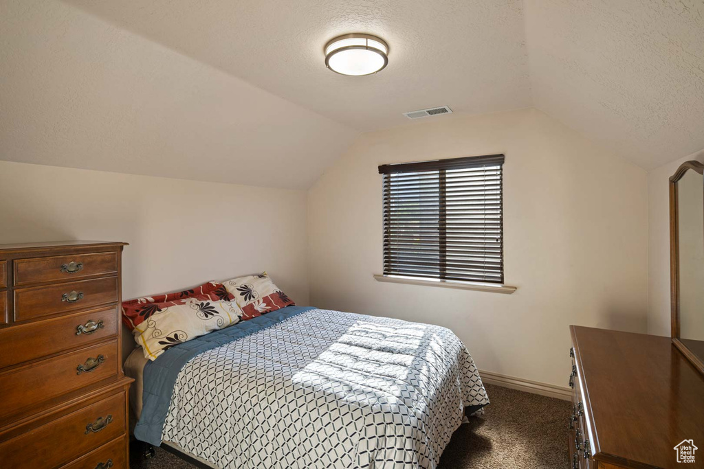 Bedroom featuring dark colored carpet, lofted ceiling, baseboards, and a textured ceiling