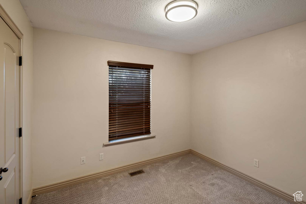 Empty room featuring carpet flooring, baseboards, and a textured ceiling