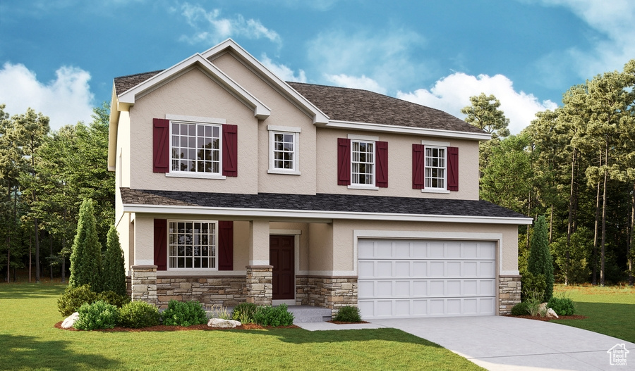 View of front of home featuring stone siding, concrete driveway, and a front lawn