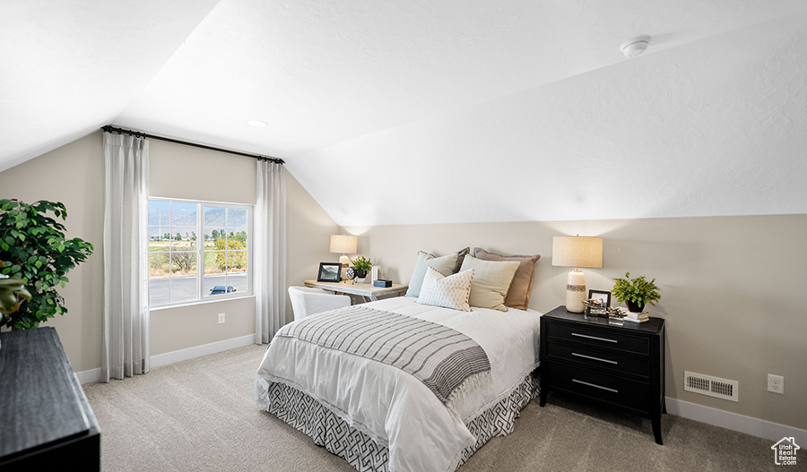 Carpeted bedroom with vaulted ceiling and baseboards