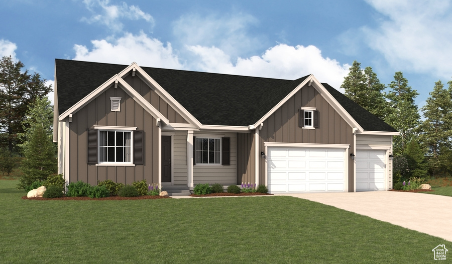 View of front facade with board and batten siding, driveway, a garage, a front lawn, and a shingled roof