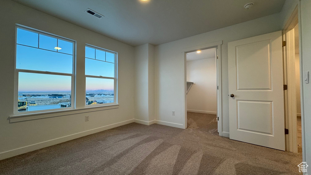 Unfurnished bedroom featuring carpet floors, baseboards, and a spacious closet