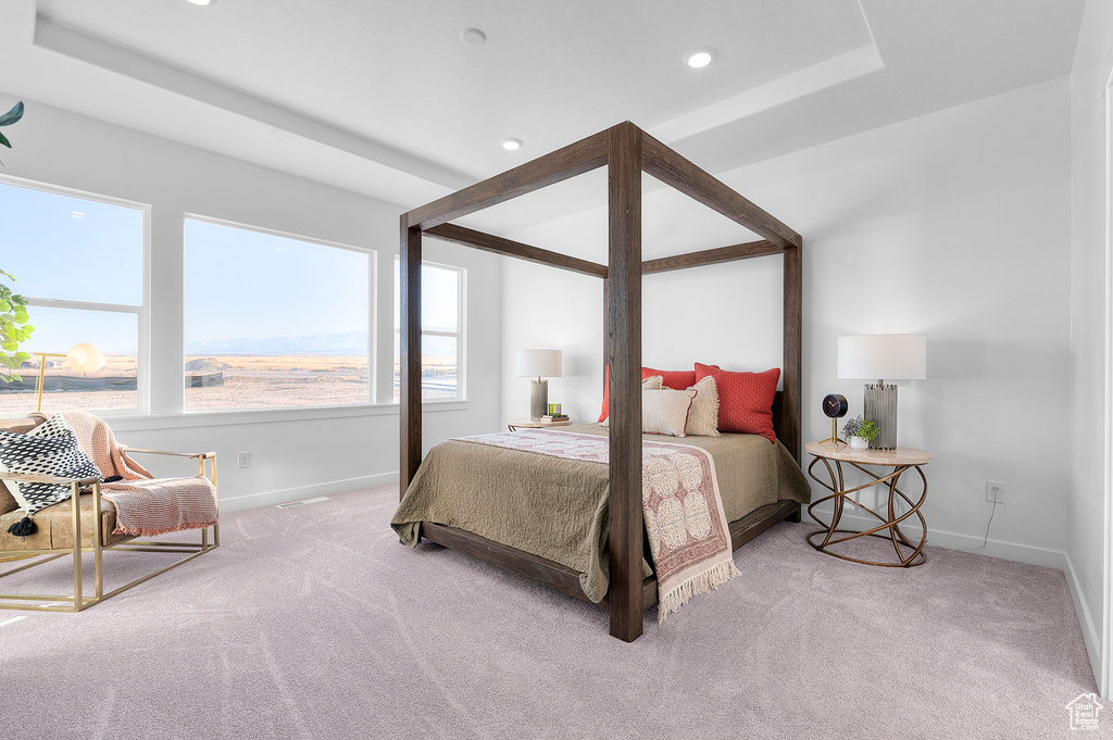 Carpeted bedroom featuring baseboards and recessed lighting
