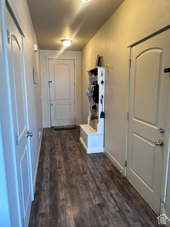 Mudroom with dark wood-style floors and baseboards