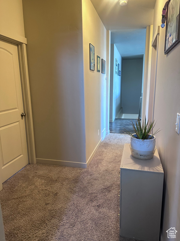 Hallway featuring carpet and baseboards