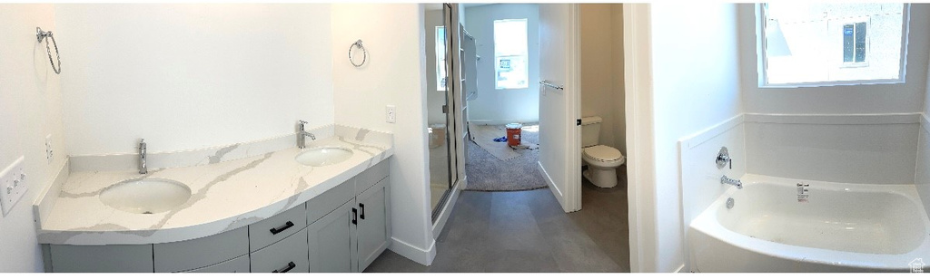 Full bath featuring toilet, healthy amount of natural light, a garden tub, and double vanity