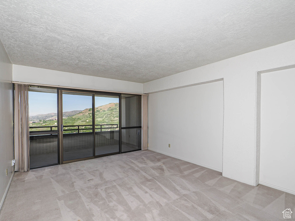 Empty room with light carpet, a textured ceiling, and baseboards