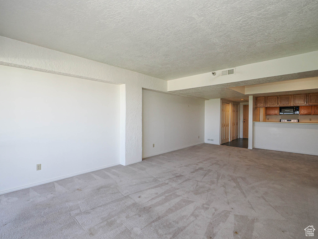 Unfurnished living room featuring light colored carpet and a textured ceiling