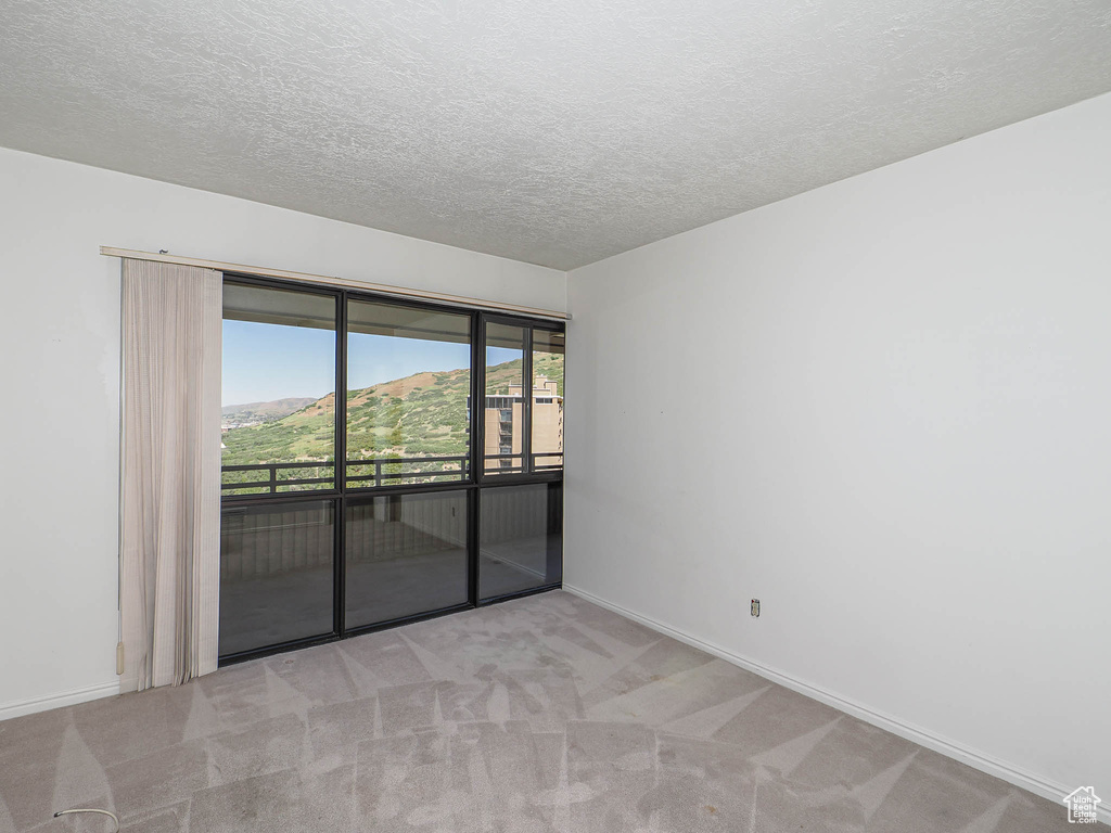Carpeted empty room with a textured ceiling and baseboards