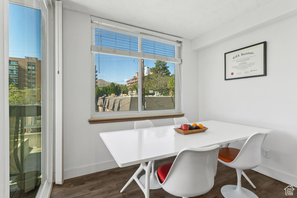 Dining space with baseboards and dark wood-type flooring