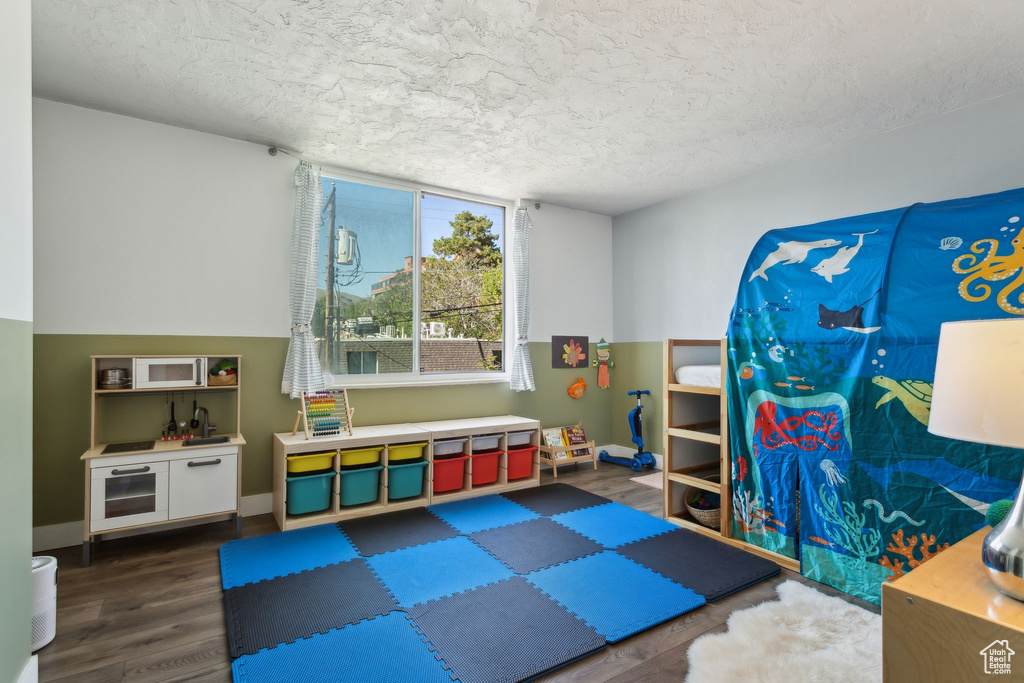 Playroom featuring wood finished floors and a textured ceiling