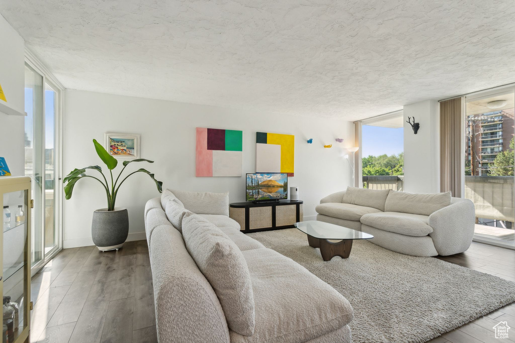Living room with wood-type flooring and a textured ceiling