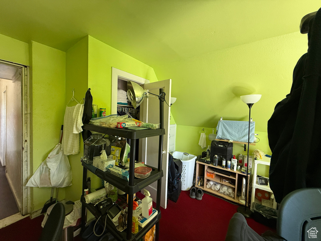 Miscellaneous room featuring carpet and lofted ceiling