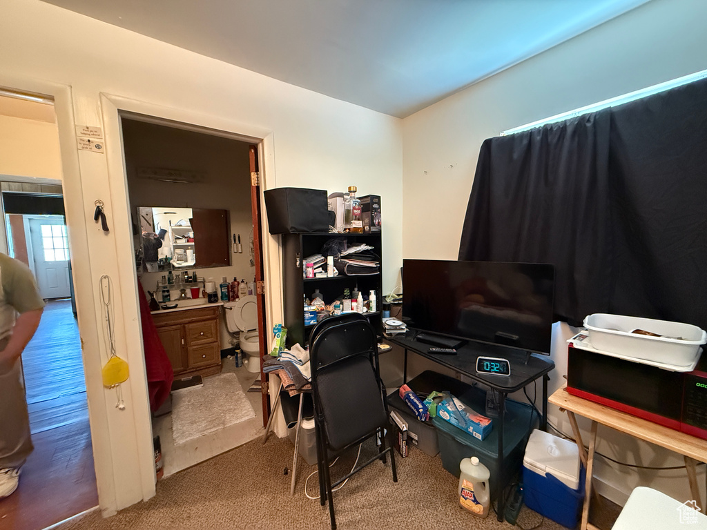 View of carpeted home office