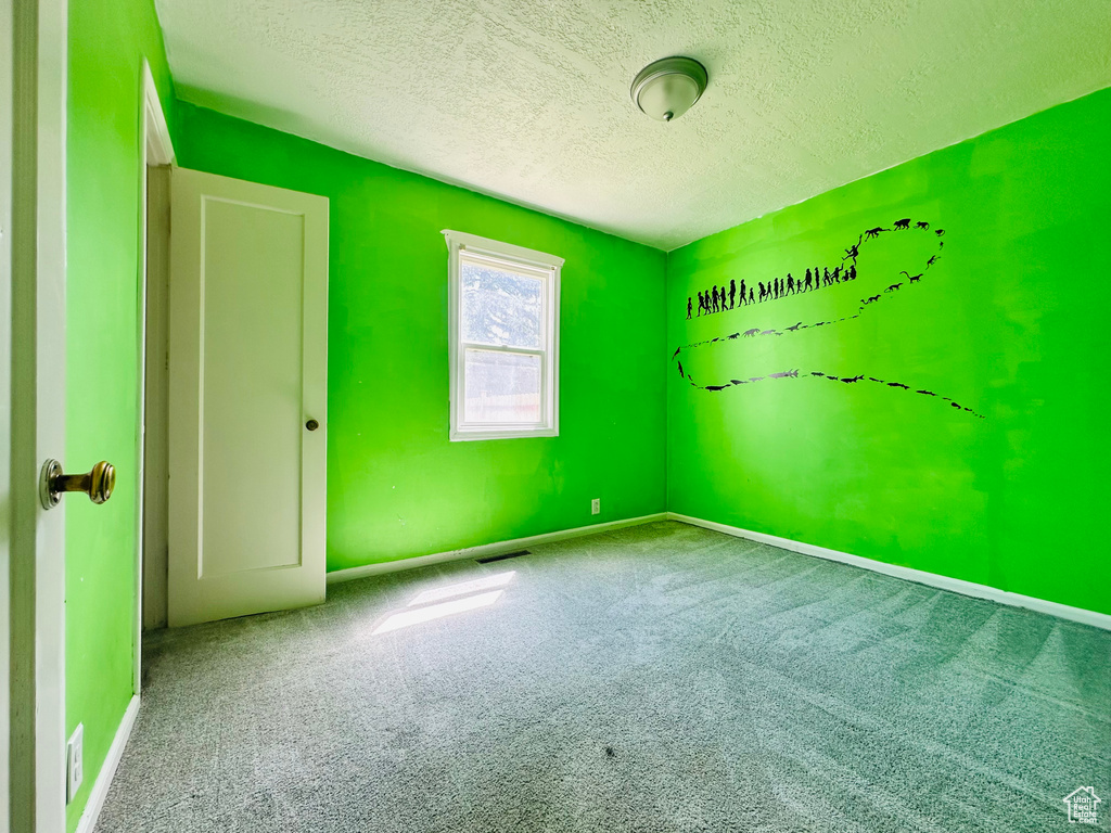 Unfurnished room featuring a textured ceiling, carpet floors, and baseboards