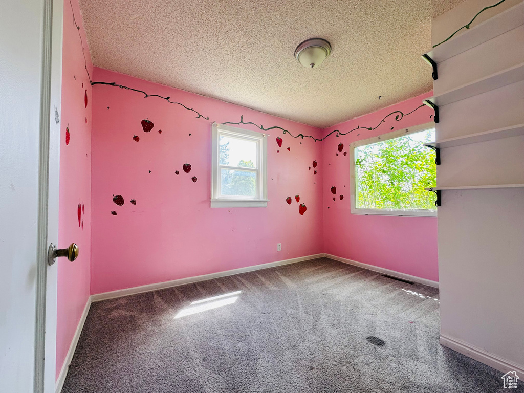Carpeted spare room featuring a textured ceiling and baseboards