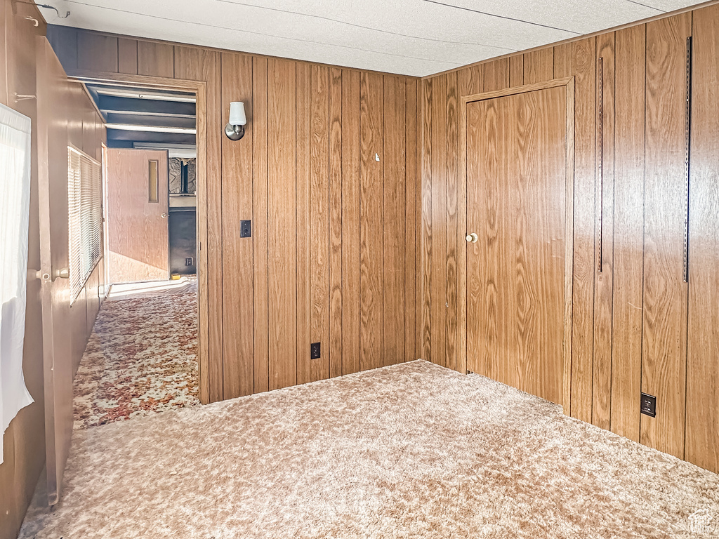 Carpeted spare room featuring wood walls