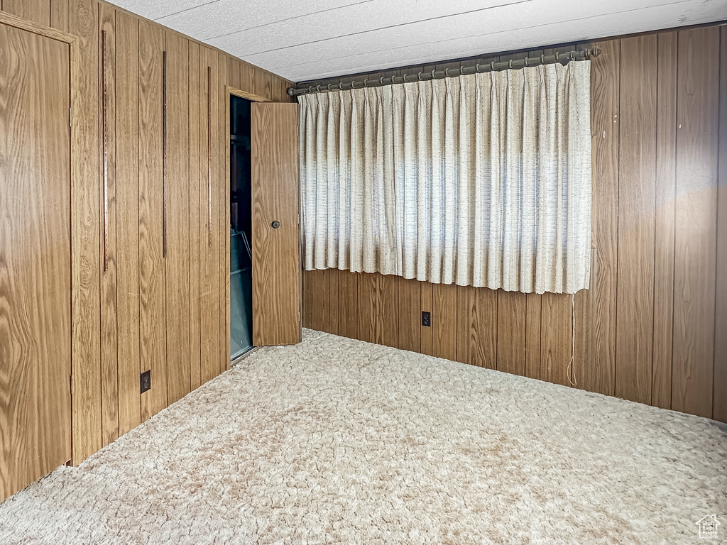 Spare room with carpet and wood walls