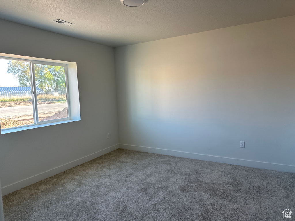 Carpeted empty room with a textured ceiling and baseboards