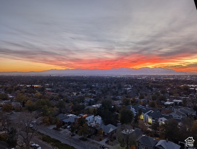 Aerial view at dusk of a mountain view