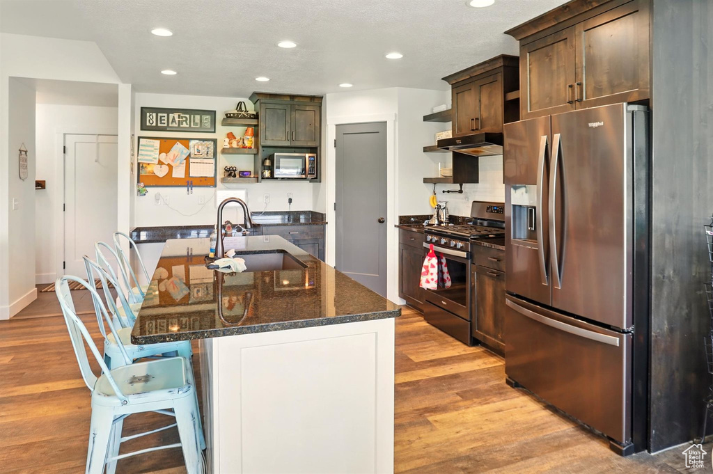 Kitchen featuring appliances with stainless steel finishes, a sink, open shelves, light wood-type flooring, and recessed lighting