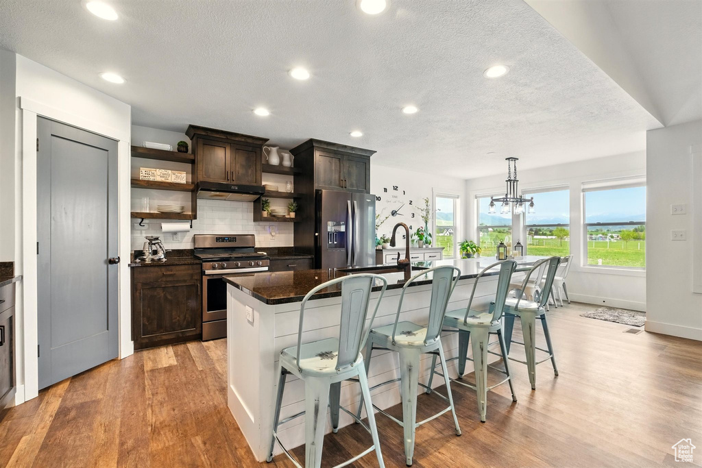 Kitchen with stainless steel appliances, open shelves, under cabinet range hood, light wood finished floors, and dark brown cabinetry