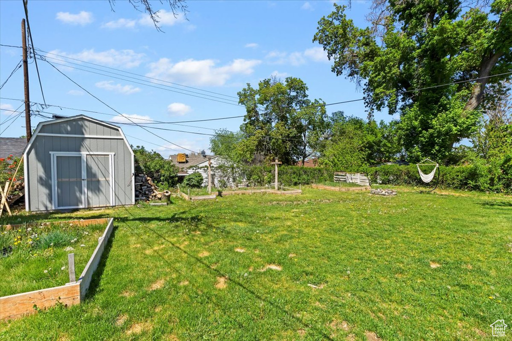 View of green lawn featuring a storage shed and an outbuilding