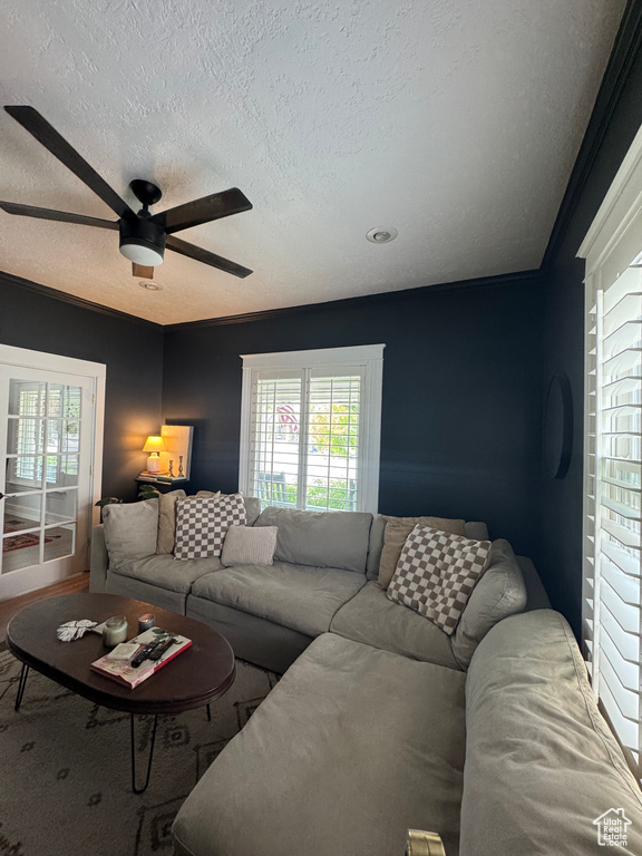 Living area featuring a textured ceiling and ceiling fan