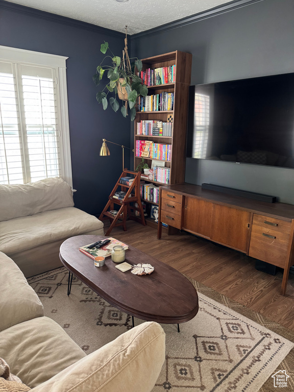 Living area with wood finished floors, crown molding, and a textured ceiling