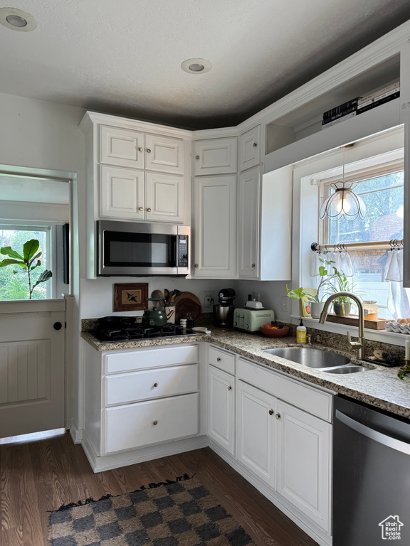 Kitchen featuring appliances with stainless steel finishes, a sink, white cabinetry, and plenty of natural light